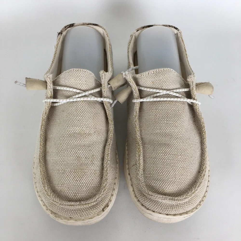 Hey Dude Wendy Canvas Shoes Neutral Cream Gold Threading Women’s Size 6 Boho - Picture 2 of 10